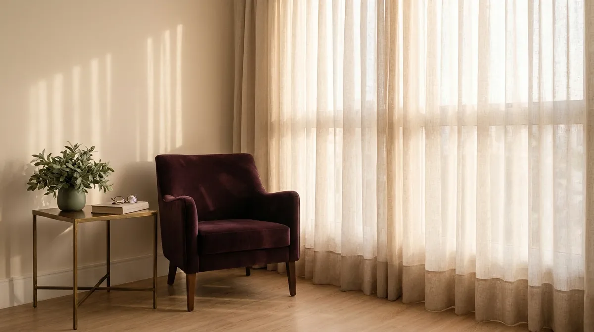 Poltrona de leitura vazia ao lado de uma janela alta com cortina de linho, luz de fim de tarde