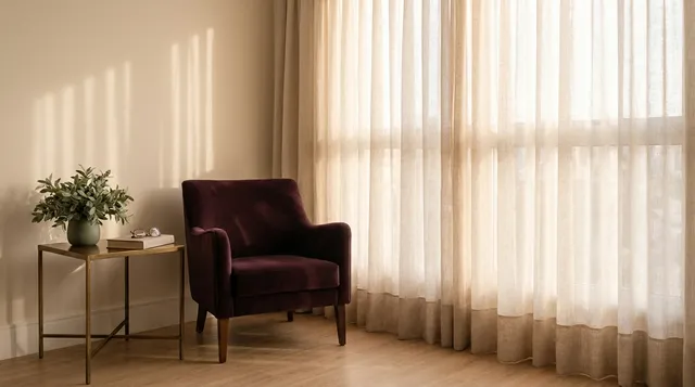 Poltrona de leitura vazia ao lado de uma janela alta com cortina de linho, luz de fim de tarde