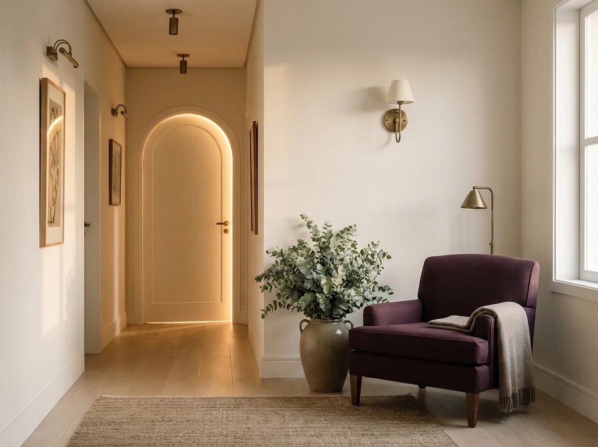 Corredor de casa residencial com porta em arco iluminada, poltrona ameixa e vaso com eucalipto